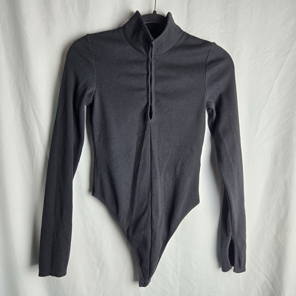 Hudson Collection Black Hook & Eye Bodysuit Mock Neck Womens Small Goth Neutral